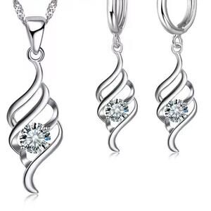 Sterling Silver Plated CZ Swirl Pendant Necklace & Drop Hoop Earrings Set